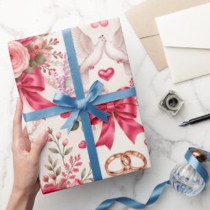Roze Roze Bloemige Trouwcadeauverpakking met Duive Cadeaupapier