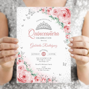 Roze Roze Bloemige Waterverfrozen Quinceanera Kaart