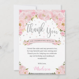 Roze Roze Bloemige Zilveren Verjaardag Baby Shower Bedankkaart