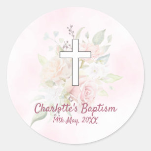 Roze roze bloemmeisje Baptisme Ronde Sticker