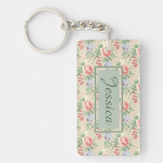  roze roze bloempatroon gepersonaliseerd sleutelhanger (Voorkant)