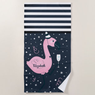 Roze roze flamingo Nautical Navy Blue Striped Strandlaken