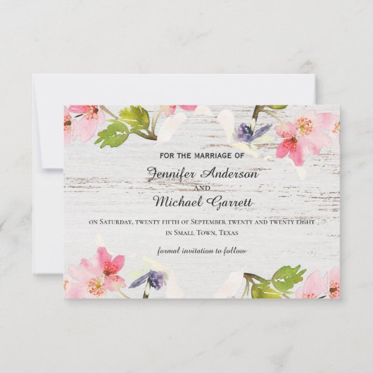 Roze roze flessen op wit hout save the date (Achterkant)