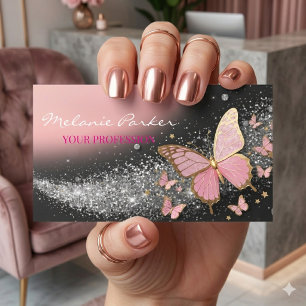 Roze Roze Goud Elegante Glitter Vlinder Zakelijk Visitekaartje