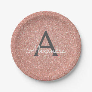 Roze Roze Goud Glitter & Glans Monogram Verjaardag Papieren Bordje