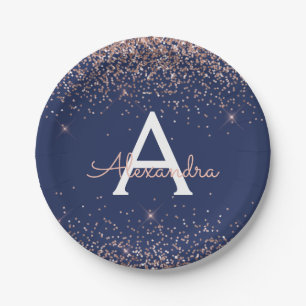 Roze Roze Goud Glitter Navy Blauwe Monogram Verjaa Papieren Bordje