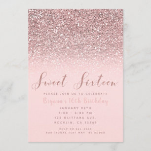 Roze Roze Goud Glitters Glans Sweet 16 Feestje Kaart