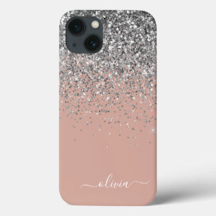 Roze Roze Goud Zilver Glitter Monogram iPhone 13 Hoesje