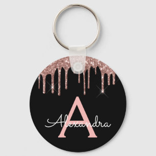 Roze Roze Goud Zwart Glitterend Monogram Sleutelhanger