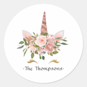 Roze & Roze Gouden Bloem Eenhoorn Baby Shower Ronde Sticker