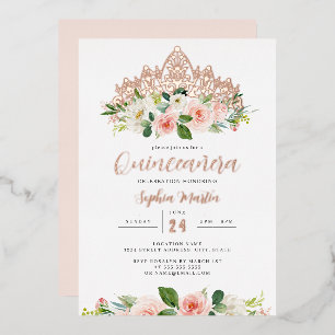 Roze Roze Gouden Bloemen Tiara Vlinder Quinceanera Folie Uitnodiging