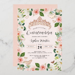 Roze Roze Gouden Bloemenkroon Vlinder Quinceanera Folie Uitnodiging