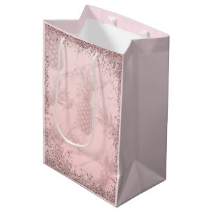 Roze Roze Gouden Glitter Ananas Tropisch Feestje Medium Cadeauzakje