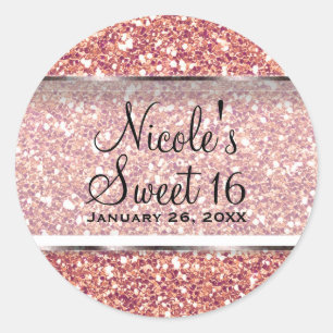 Roze Roze Gouden Glitter Glam Zoete 16 Feest Favor Ronde Sticker