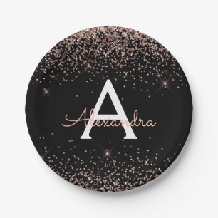 Roze Roze Gouden Glitter Glans Monogram Verjaardag Papieren Bordje