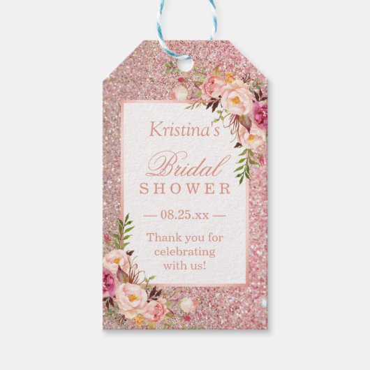 Roze Roze Gouden Glitters Bloemige Bruidsfeest Fav Cadeaulabel (Voorkant)