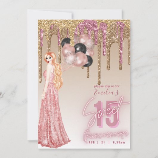 Roze roze gouden glitters Quinceanera roodharig m Kaart (Voorkant)