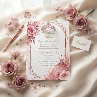 Roze roze gouden prinses met kransquinceañera kaart