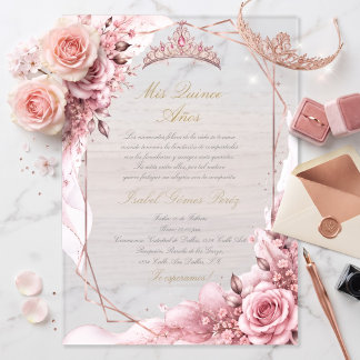 Roze roze gouden prinses quinceañera acryl uitnodigingen