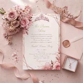 Roze roze gouden prinses quinceañera kaart