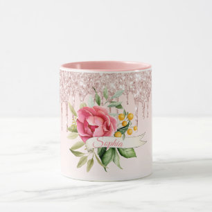 Roze roze goudfloralen monogram naam mok
