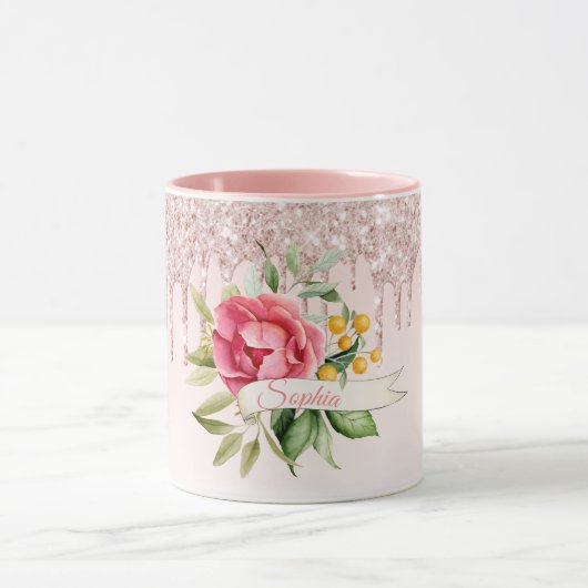 Roze roze goudfloralen monogram naam mok (Midden)