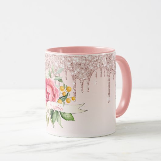 Roze roze goudfloralen  monogram naam mok (Voorkant rechts)