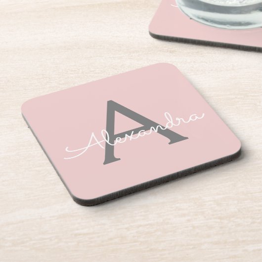 Roze Roze Grijs Moderne Script Meisjesachtig Monog Bier Onderzetter (Linkerzijde)