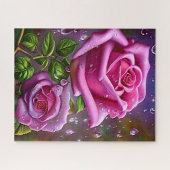 Roze roze met regendruppels en groene bladeren legpuzzel (Horizontaal)