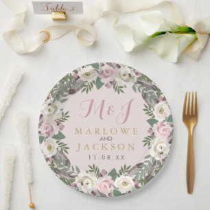 Roze Roze Moody Bloem Boho Trouw Monogram Papieren Bordje