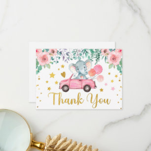 Roze roze olifant rijdt door Baby shower auto Bedankkaart