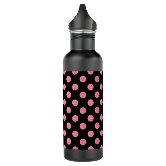 Roze roze poka-punten op zwarte achtergrond waterfles (Links)