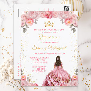 Roze Roze Prinses Bloemige Quinceañera Briefkaart