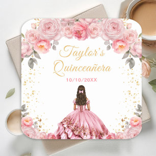 Roze Roze Prinses Bloemige Quinceañera Vierkante Kartonnen Onderzetter