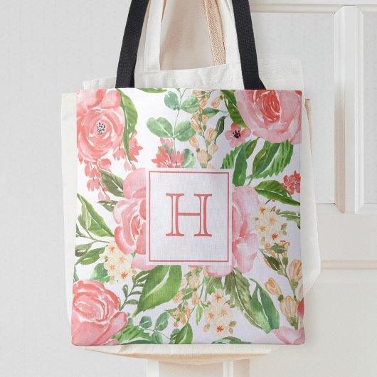 Roze Roze Roos Bloemige Aquarel Mooie Monogram Draagtas
