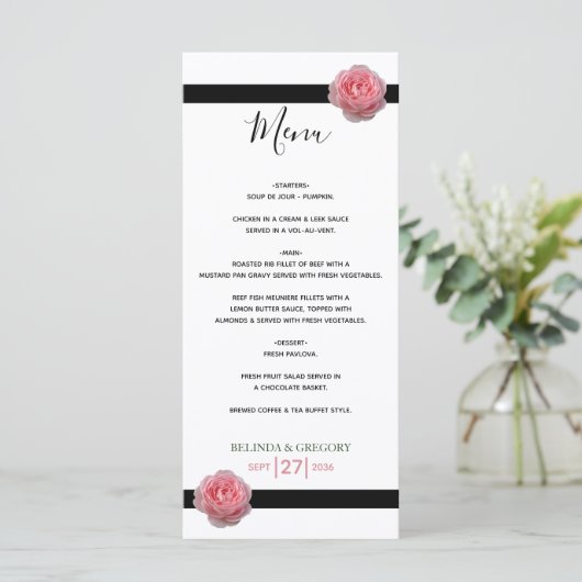 Roze roze roze ribbon bruiloft menu (Staand voorkant)