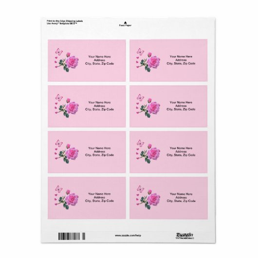 Roze roze vlinderbloemige vlinder Harten Labels (Full Sheet)