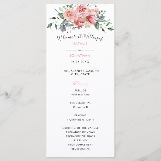 Roze roze waterverf bloemen bruiloft programma (Voorkant)