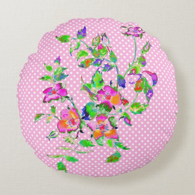  Roze roze/witte polka-stippen Rond Kussen (Voorkant)