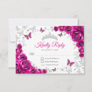 Roze Roze Zilveren Bloemachtige Quinceanera Antwoo RSVP Kaartje