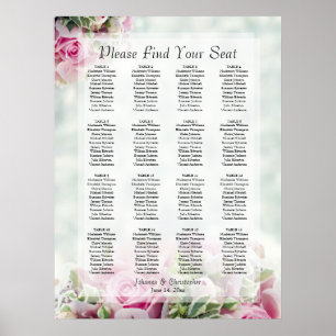 Roze rozen 16 tafel bruiloft zitplaatsenkaart poster