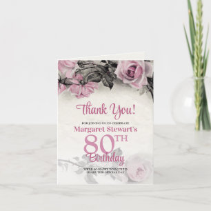 Roze Rozen 80ste Verjaardag Dank u Bedankkaart