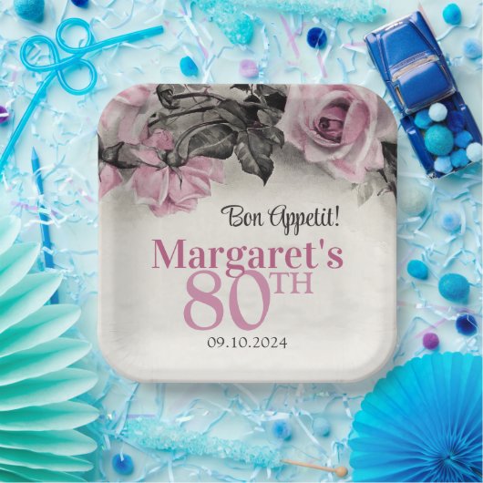 Roze Rozen 80ste Verjaardag Papieren Bordje (Feest)