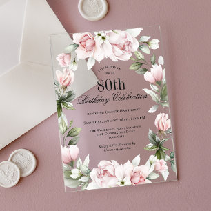 Roze Rozen 80ste Verjaardagsfeest in Feminin Stijl Acryl Uitnodigingen