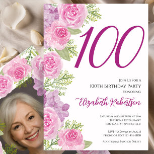 Roze rozen aangepaste fotosjabloon 100ste verjaard kaart