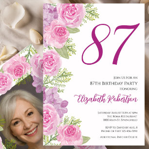 Roze rozen aangepaste fototemplate 87ste verjaarda kaart
