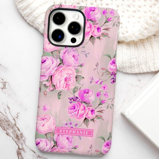 Roze rozen Aangepaste naam bloemstuk Case-Mate iPhone Case