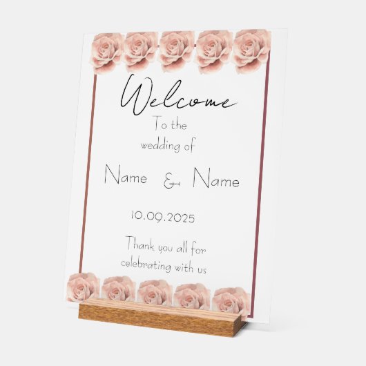 Roze rozen acryl bruiloft teken bord (Hoek)