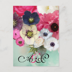 ROZE ROZEN, ANEMONE BLOEMEN MONOGRAM Save the Date Aankondigingskaart
