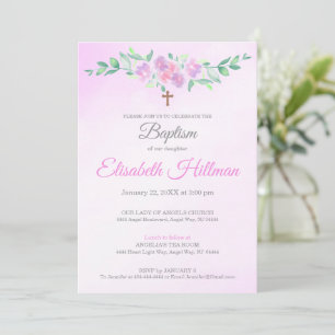 Roze Rozen Aquarel Ombre Kruis Doop Elegant Kaart